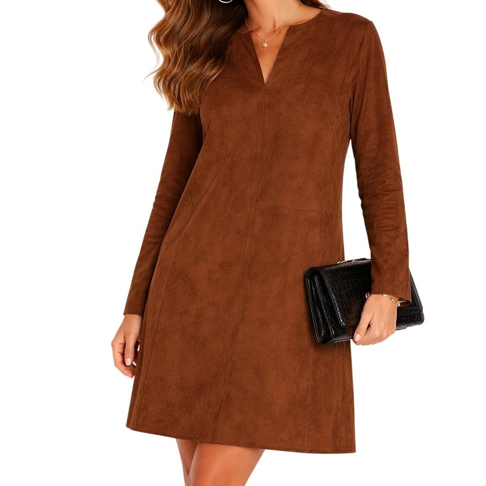 Tibi Brown Faux Suede Shift Dress‎ Long Sleeve Minimalist A-Line Women's 6